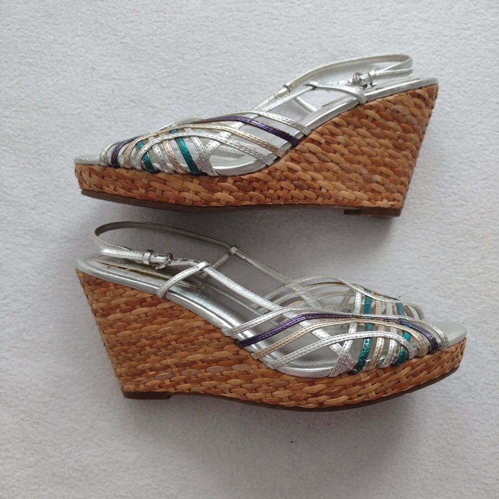 Connie Metallic Strappy Slingback Wedge 8.5 M Silver Straw Sandals - Picture 7 of 11